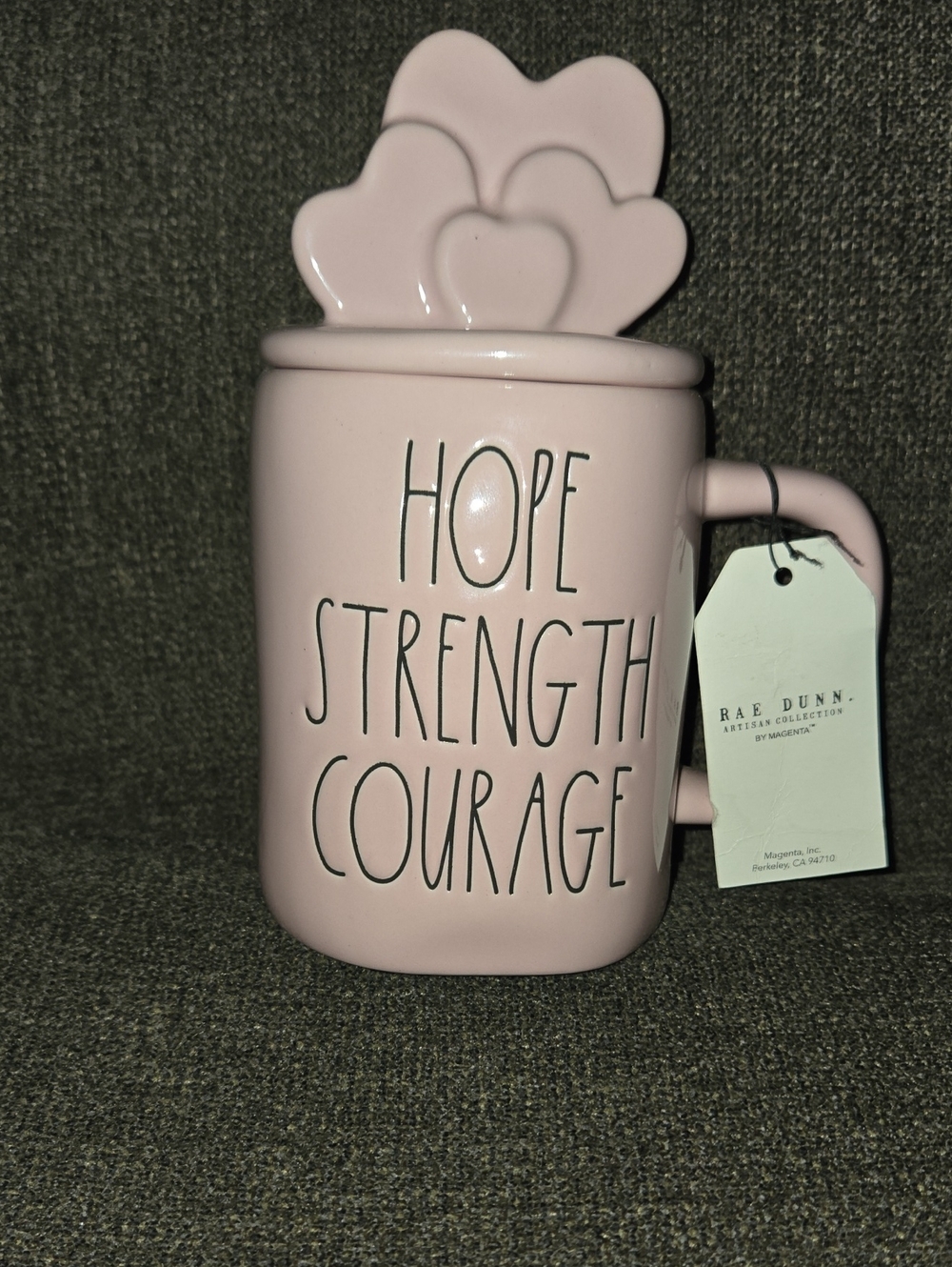 Rae Dunn "Breast Cancer Awareness" Hope, Strength, and Courage.Pink Mug W/topper